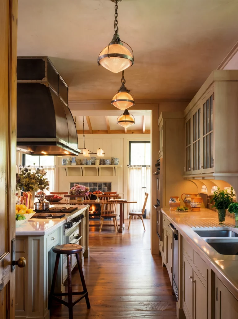 Warm galley kitchen with custom painted cabinetry, large black range hood, farmhouse sink, and pendant lighting leading to a dining nook.